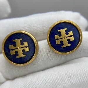 TORY BURCH BLUE AND GOLD BUTTON EARRING NWT